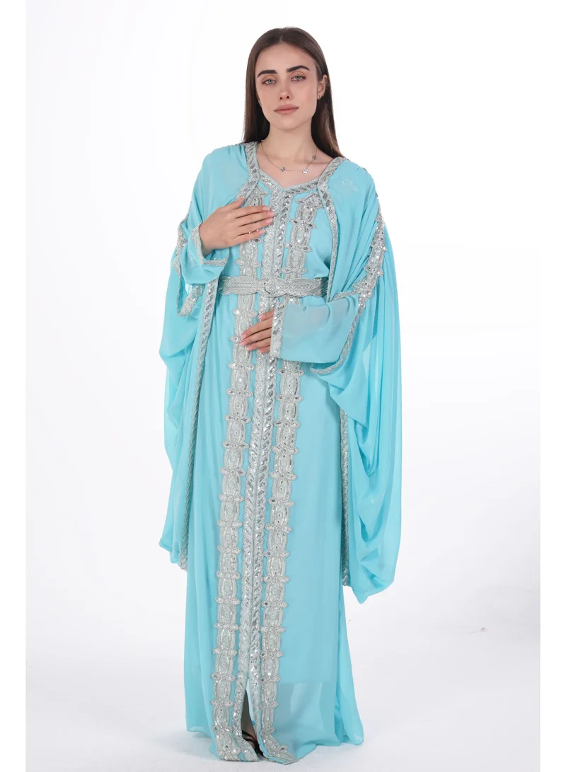 AL BENT AL SHARQIEH Turquoise emboidered chiffon kaftan dress for Women | Best Price UAE